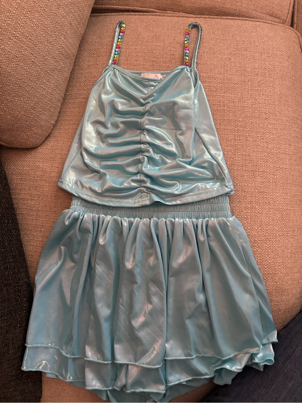 Shimmery Aqua Two-Piece Dress with Beaded Straps